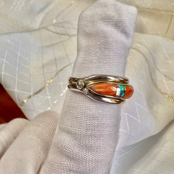 Spiny Oyster and Opal sterling silver signed native Navajo ring - Picture 5 of 8